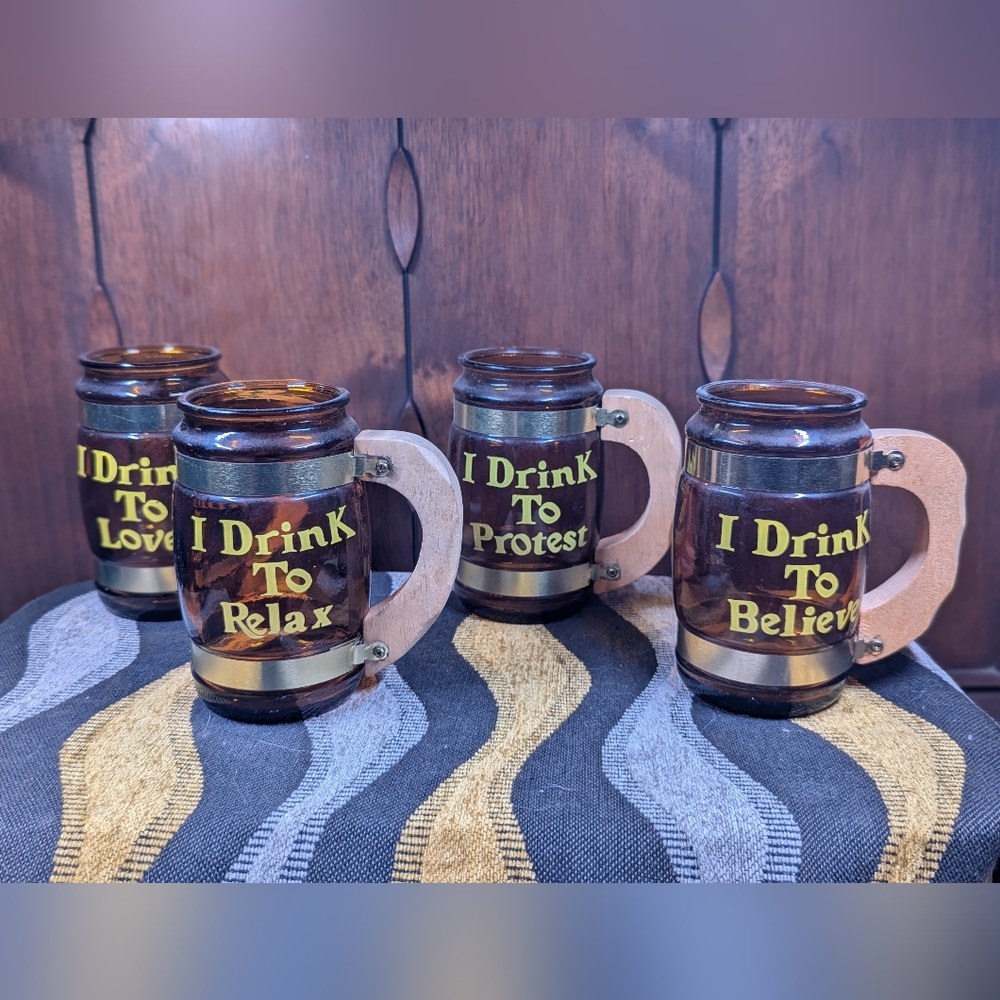Vintage "I drink to..." Mug Set. Believe, Protest, Relax, Love